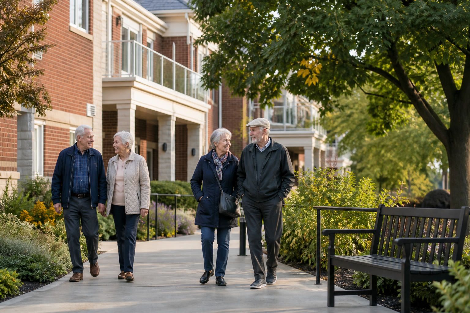 Four older adults walking together outside a landscaped brick housing community