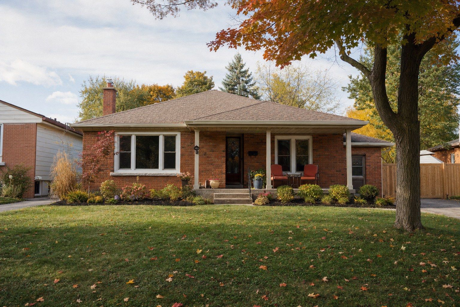 A brick bungalow with a covered porch on a tree-lined street in York Region