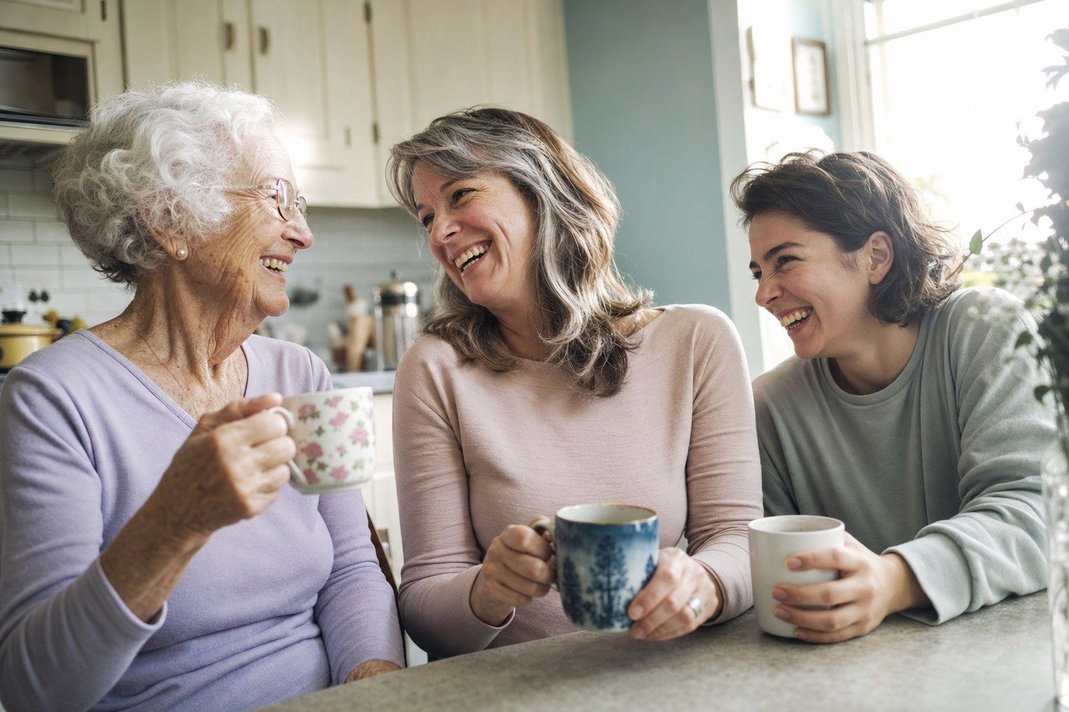 Three generations of a family laughing together over cups of tea at the kitchen table