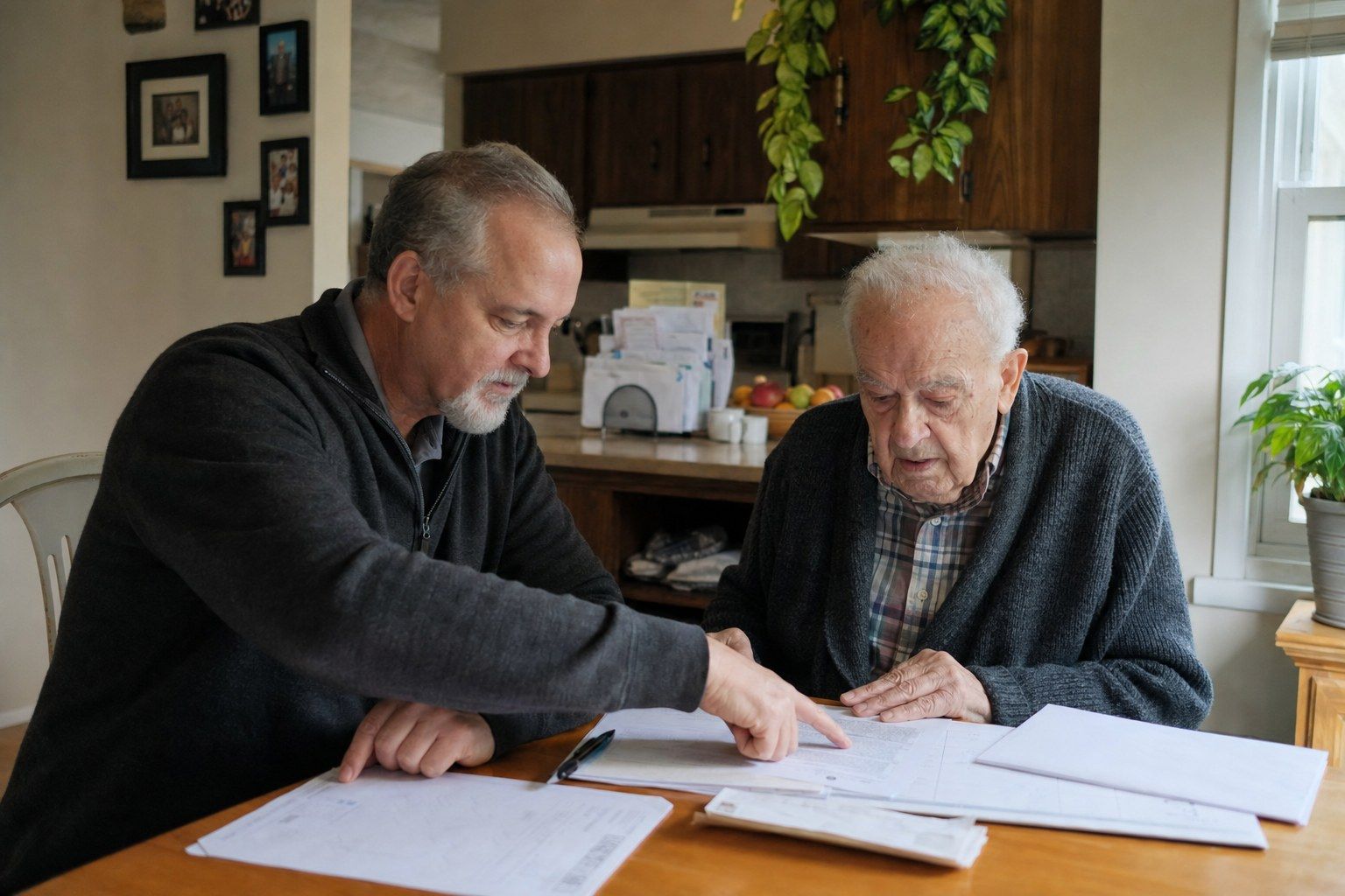A man and his father working through the paperwork for a house sale together at the kitchen table