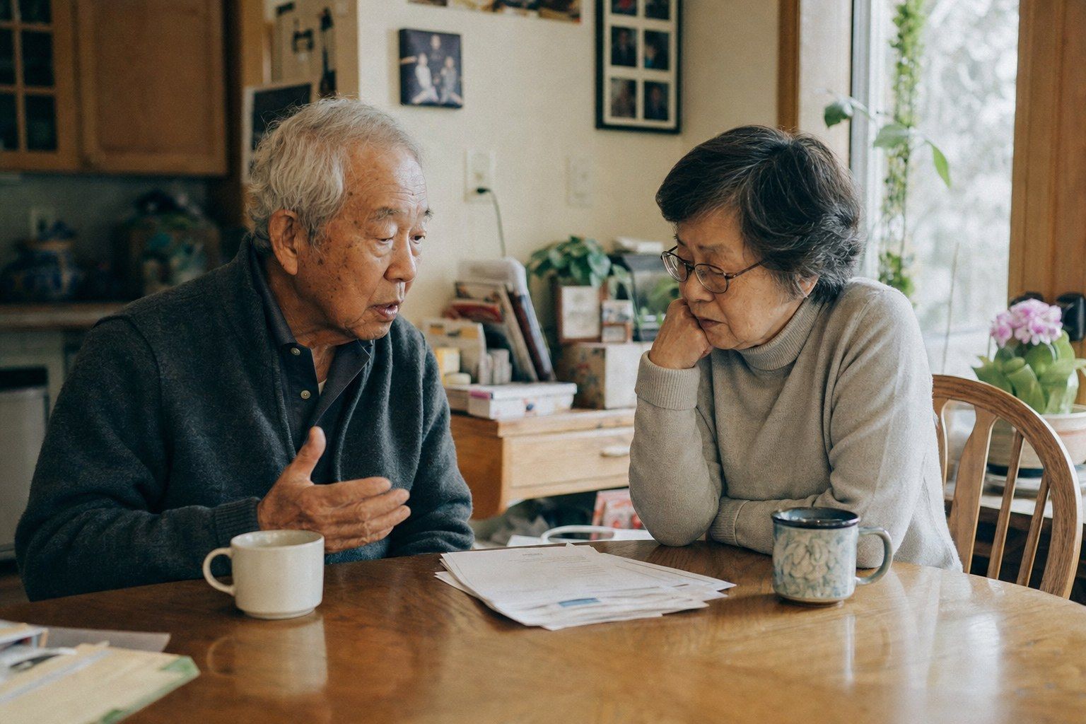 An older couple sitting together at their kitchen table with a cup of tea and some paperwork