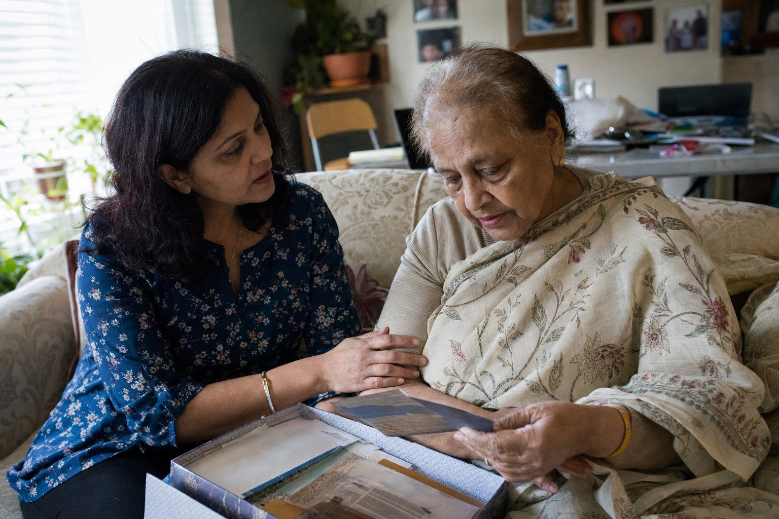 A daughter sitting beside her mother, helping her sort through a box of keepsakes and paperwork