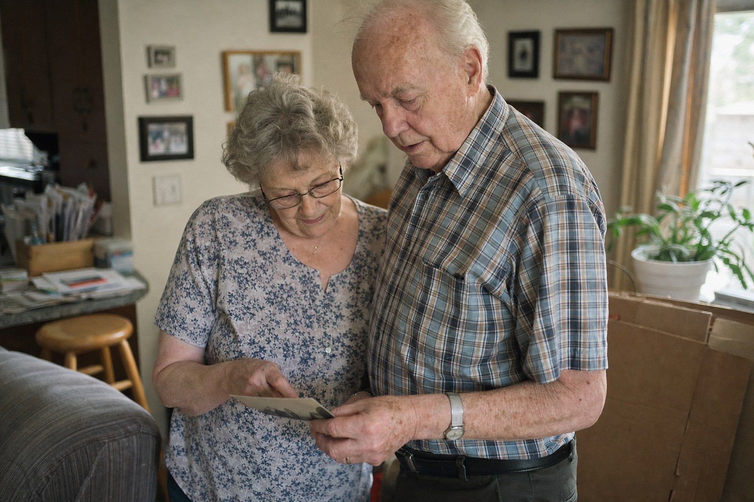 An older couple standing together in the kitchen of their longtime home