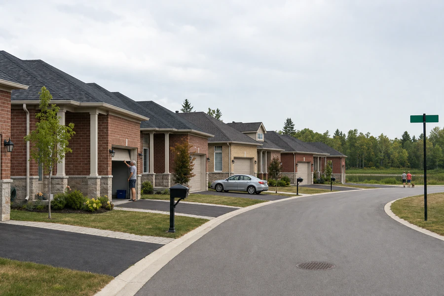 A curving street of brick bungalows with garages and driveways beside trees and a stormwater pond