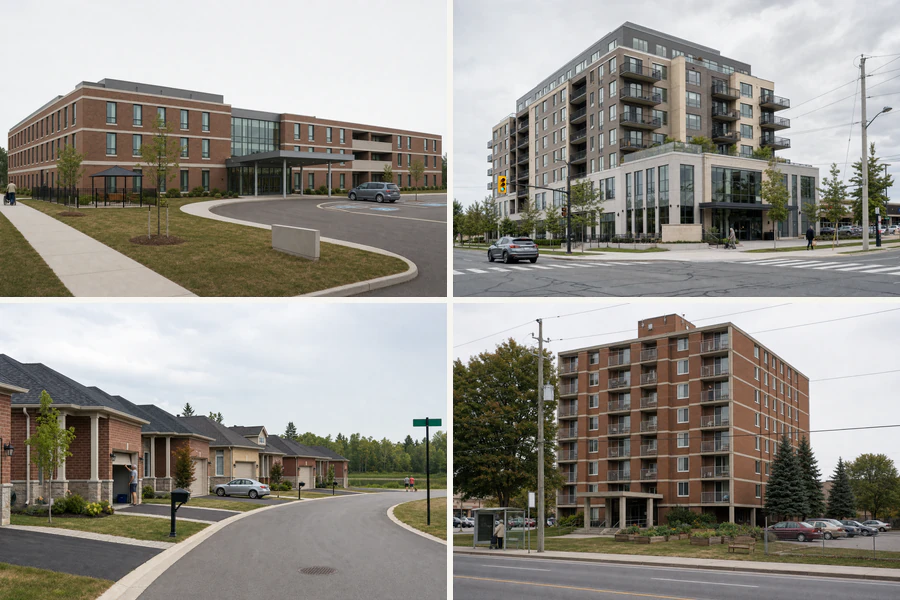Four Greater Toronto Area housing exteriors in a grid: a brick long-term care home, a mid-rise retirement residence, a bungalow community and an older apartment building