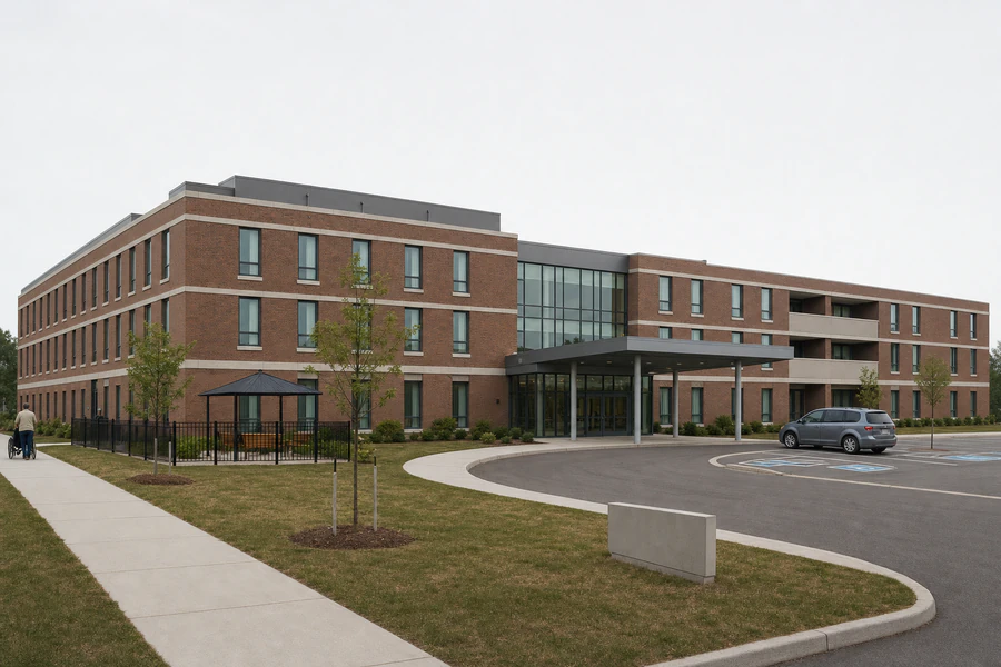 A wide three-storey brick long-term care home with a glass entrance, covered drop-off and fenced courtyard