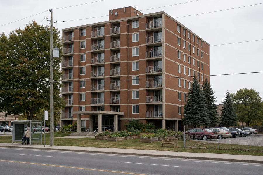 A seven-storey red-brick apartment building with balconies, a bus shelter, community garden beds and surface parking
