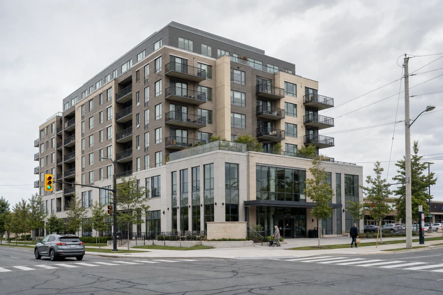 A seven-storey brick and precast retirement residence with balconies at a Greater Toronto Area intersection